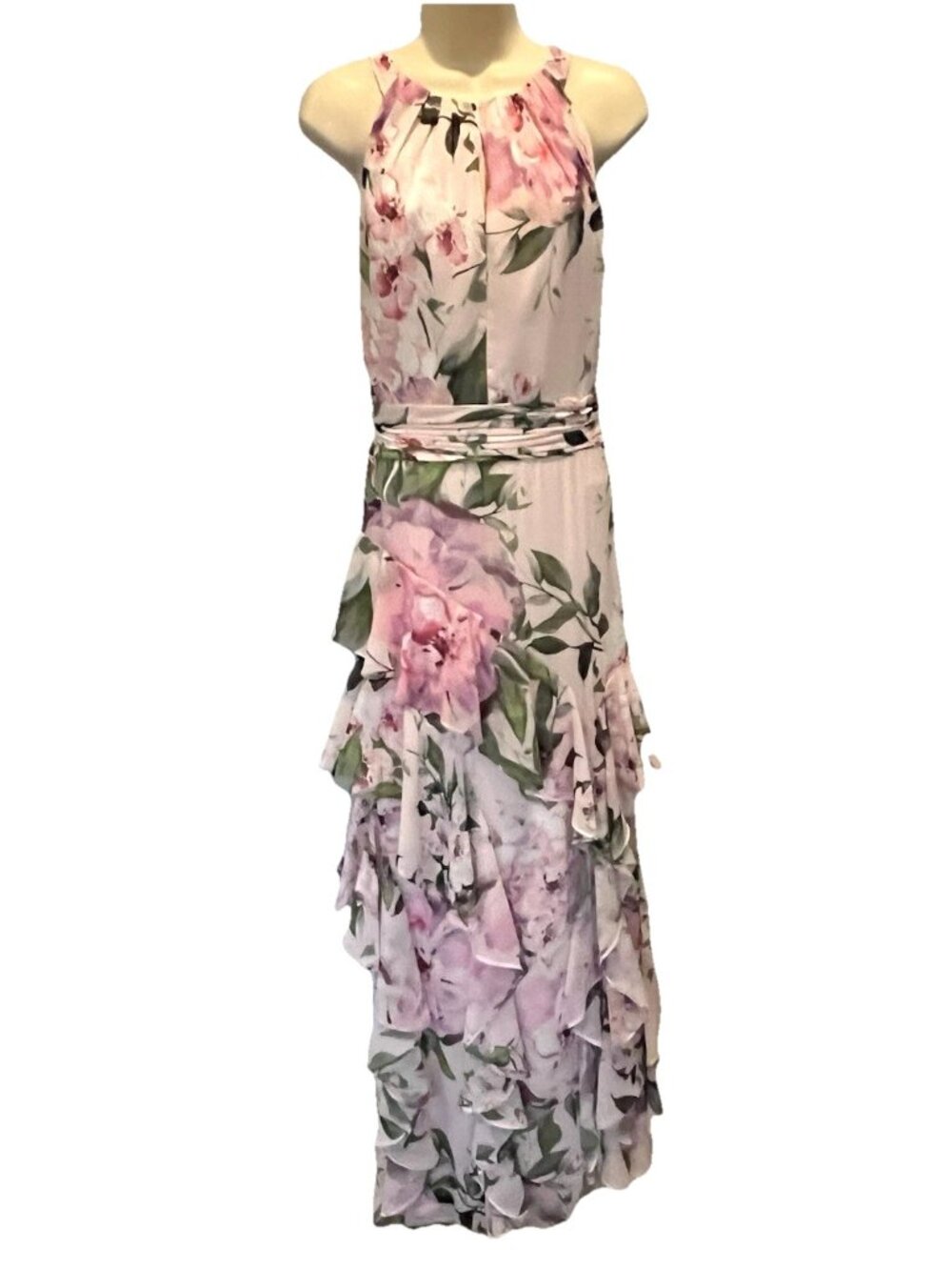 New Xscape Floral Pink Chiffon Halter Ruffled Prom Party Gown Maxi Dress - Picture 5 of 12
